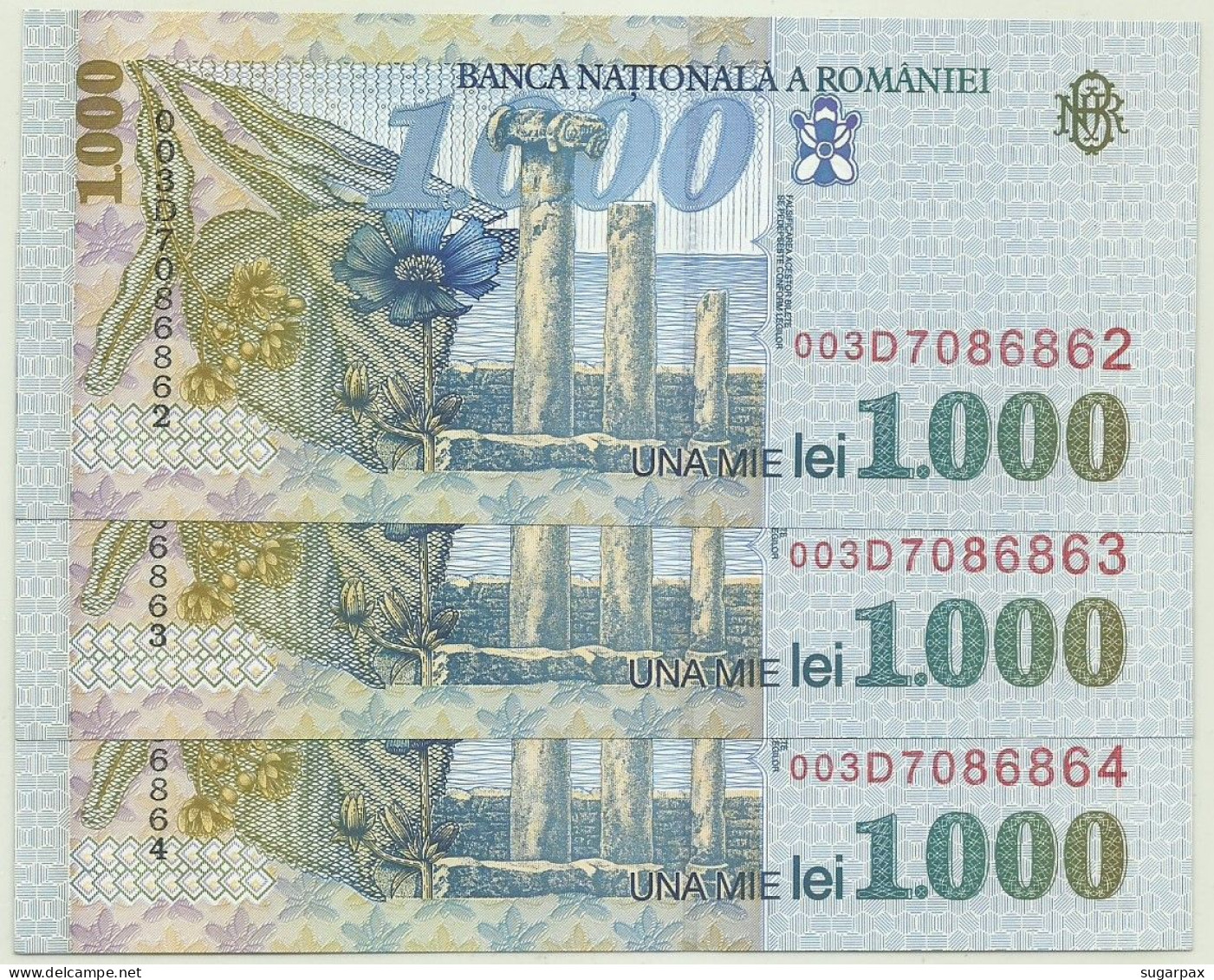 ROMANIA - 3 X 1.000 Lei ( Consecutive ) - 1998 - Pick 106 - Unc. - Série 003D - Wmk: Large, Sloping BNR - 1000 - Roumanie