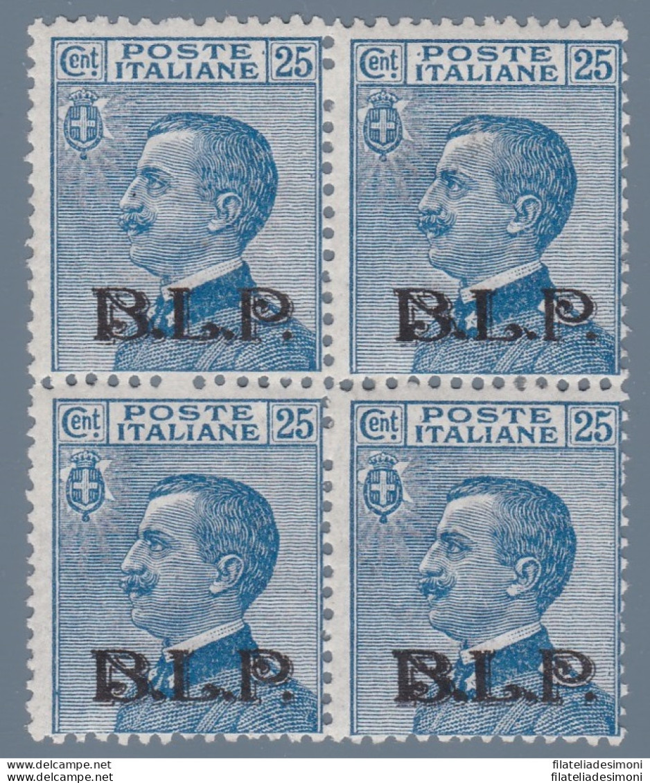 1922-23 Regno Di Italia, BLP N° 8 25 Cent. Azzurro QUARTINA MNH/** Certificato - Francobolli Per Buste Pubblicitarie (BLP)