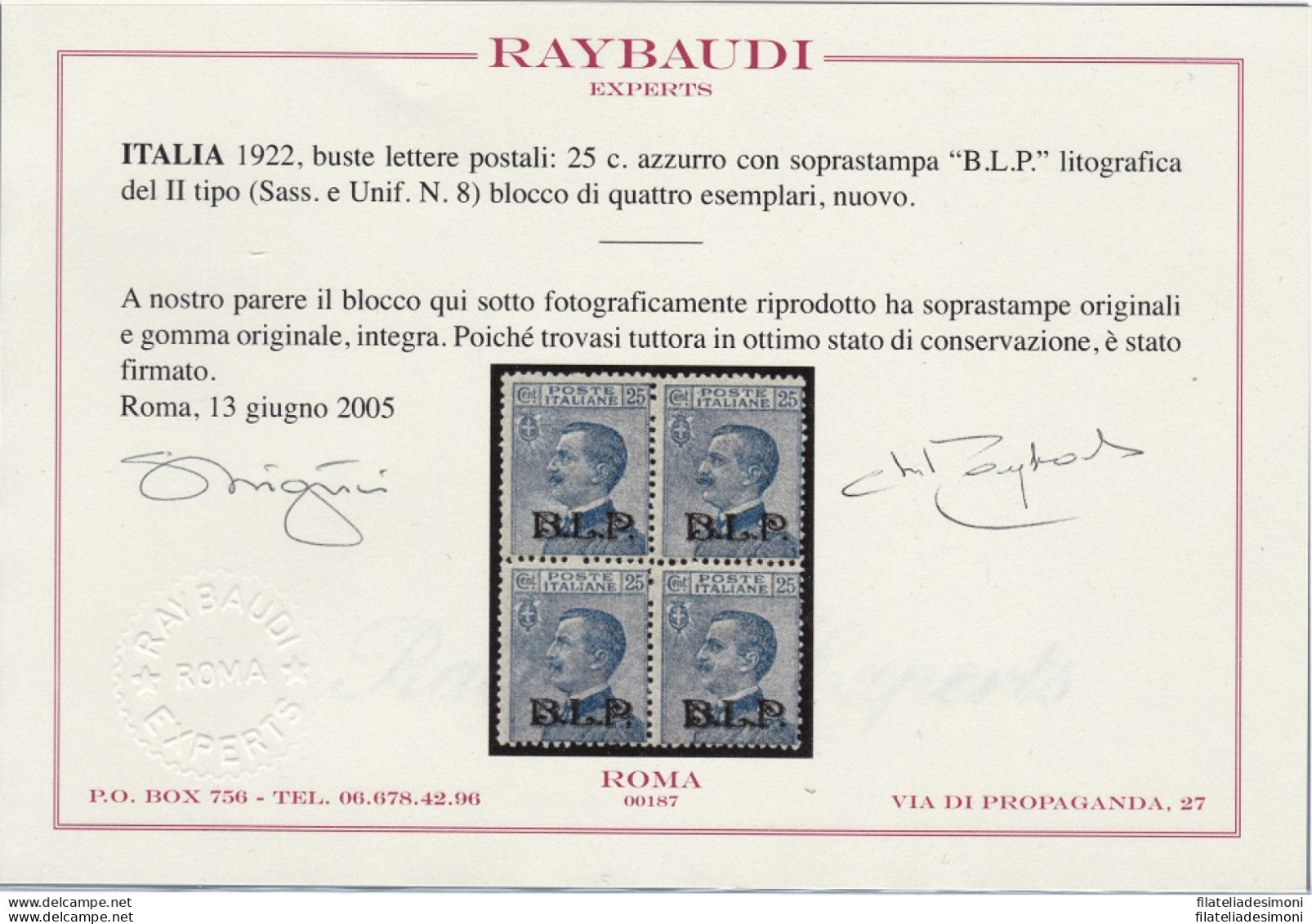 1922-23 Regno Di Italia, BLP N° 8 25 Cent. Azzurro QUARTINA MNH/** Certificato - Timbres Pour Envel. Publicitaires (BLP)