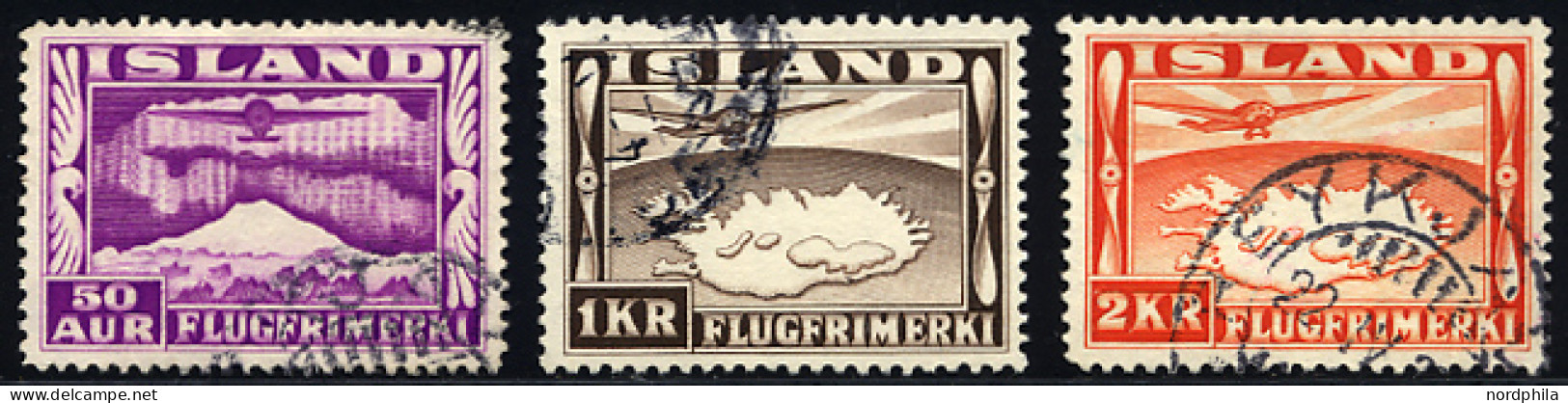 ISLAND 178-80 O, 1934, 50 A. - 2 Kr. Flugpostmarken, 3 Prachtwerte, Mi. 49.- - Altri & Non Classificati