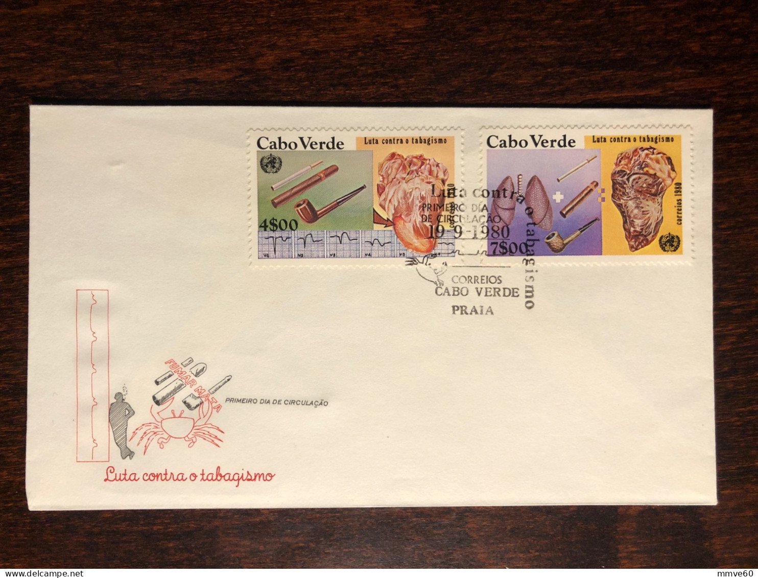 CABO VERDE CAPE VERDE  FDC COVER 1980 YEAR SMOKING TOBACCO CARDIOLOGY HEALTH MEDICINE STAMPS - Cap Vert