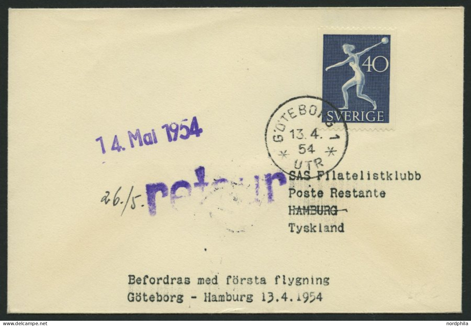 ERST-UND ERÖFFNUNGSFLÜGE 2473 BRIEF, 13.4.54, Göteborg-Hamburg, Schwedische Frankatur, Prachtbrief - Cartas & Documentos