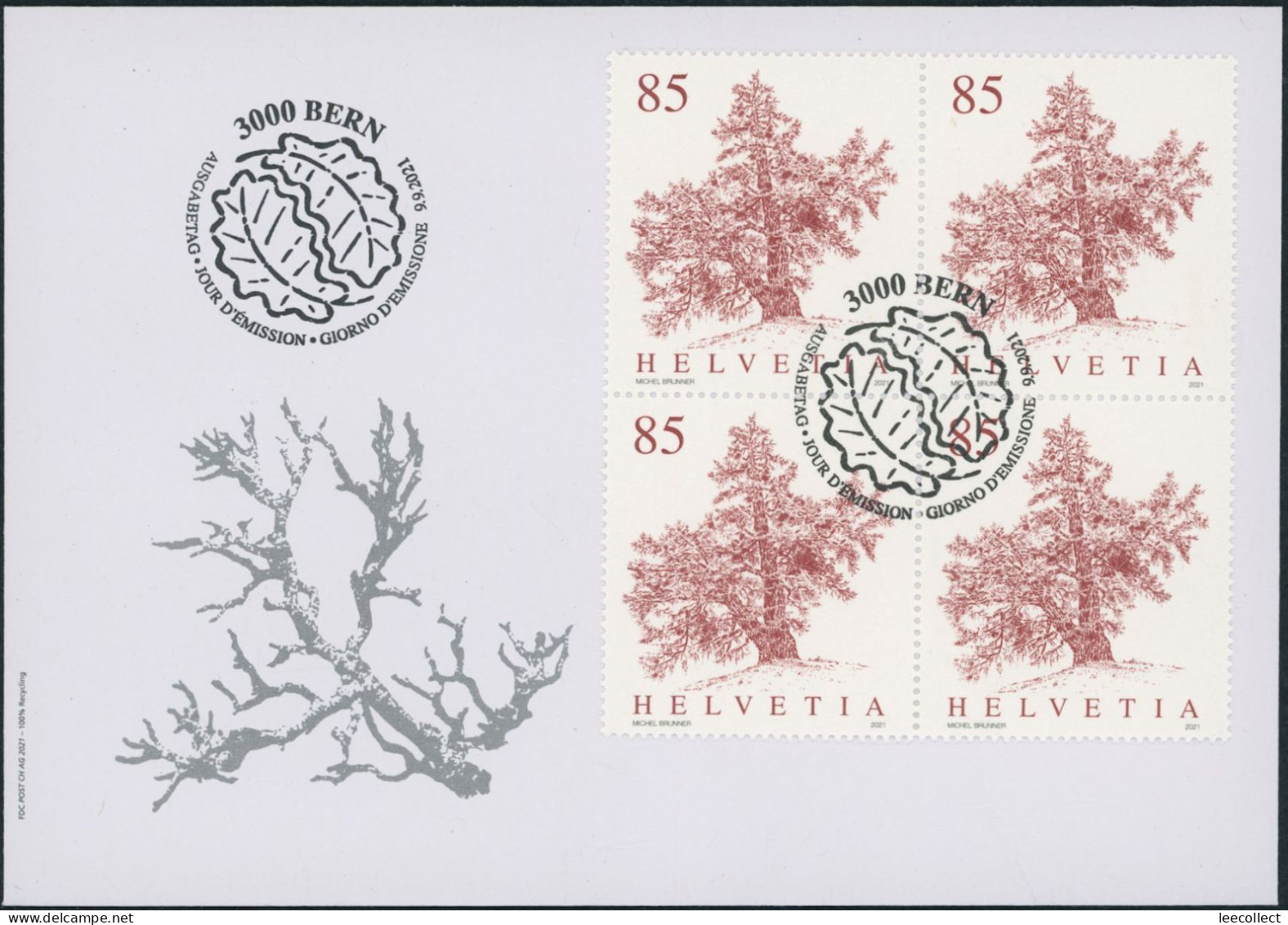 Suisse - 2021 - Bäume - Viererblock - Ersttagsbrief FDC U4 ET - Briefe U. Dokumente