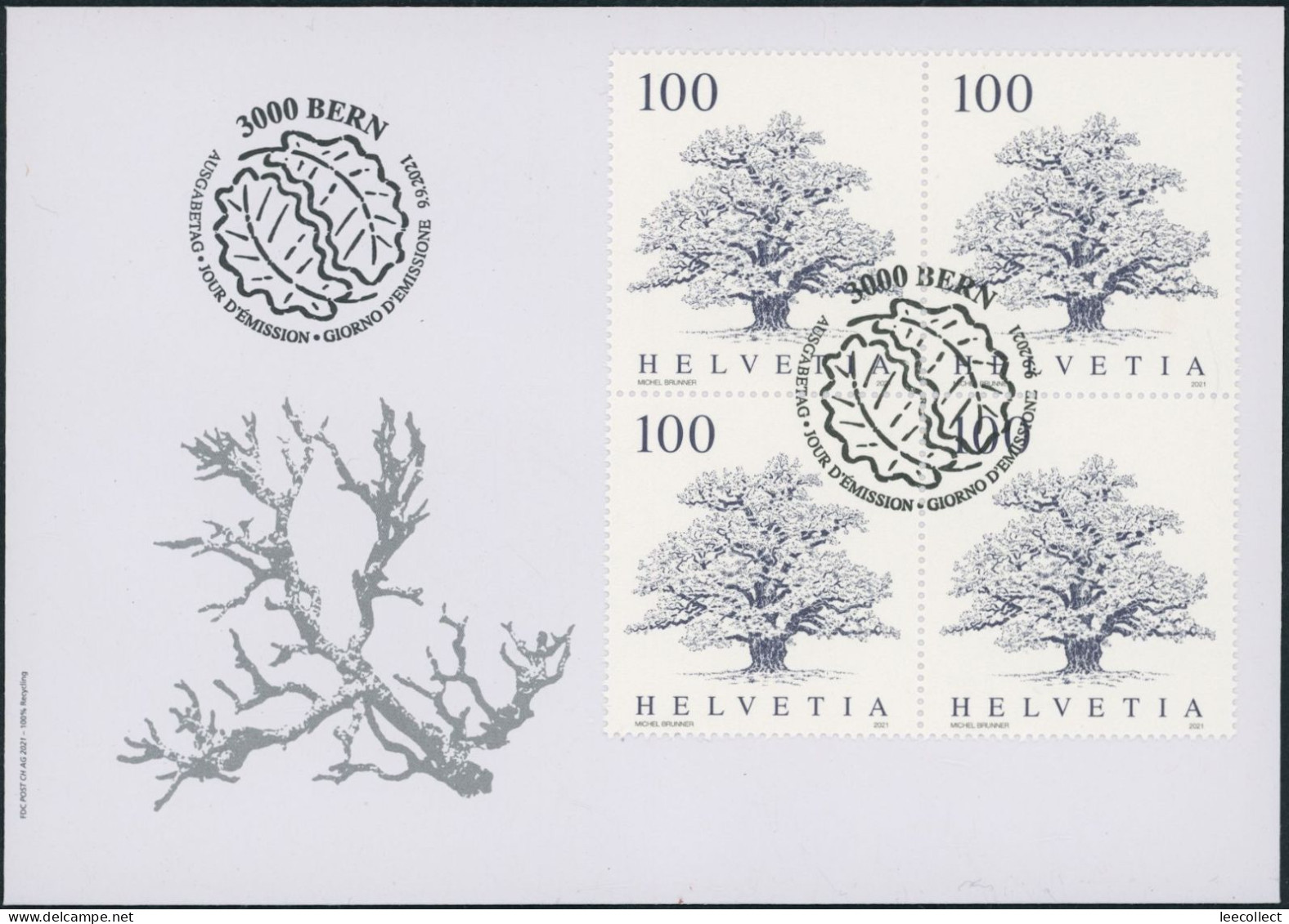 Suisse - 2021 - Bäume - Viererblock - Ersttagsbrief FDC U4 ET - Briefe U. Dokumente