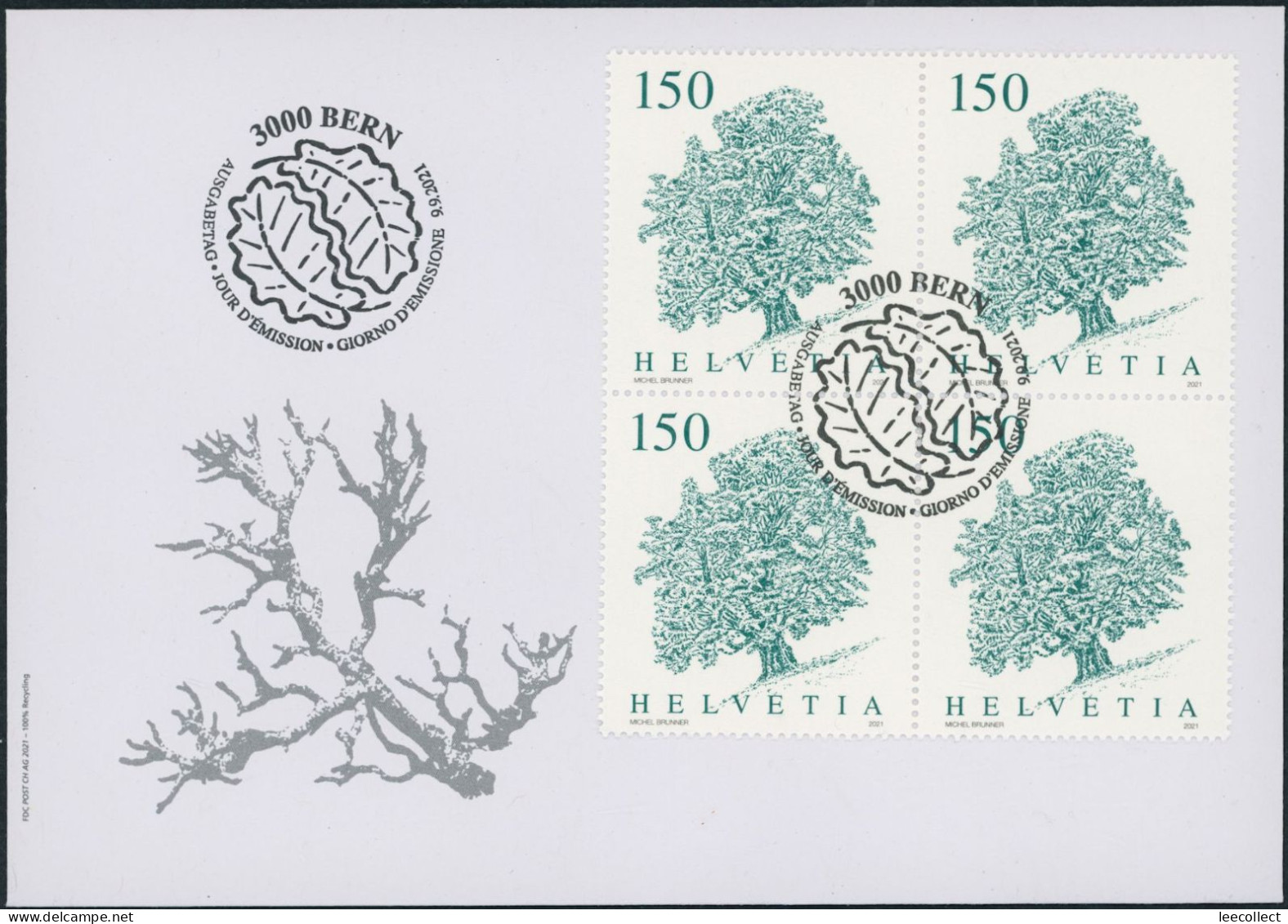 Suisse - 2021 - Bäume - Viererblock - Ersttagsbrief FDC U4 ET - Briefe U. Dokumente
