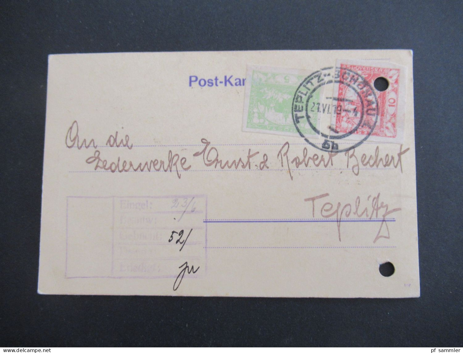 CSR / Sudetenland 1918 2x Hradschin / Mucha MiF Auf Orts PK Teplitz Schönau Abs. Beer & Perutz & Söhne - Lederwerke - Lettres & Documents