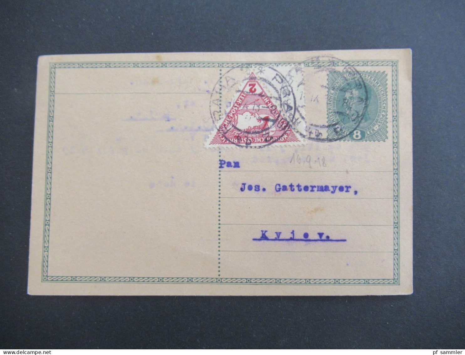 Österreich 1916 / 18 Ganzsache 8 Heller Mit Zusatzfrankatur Drucksachen Eilmarke Mi.Nr.217 Mit 1/2 Leerfeld Prag - Kiew - Cartoline