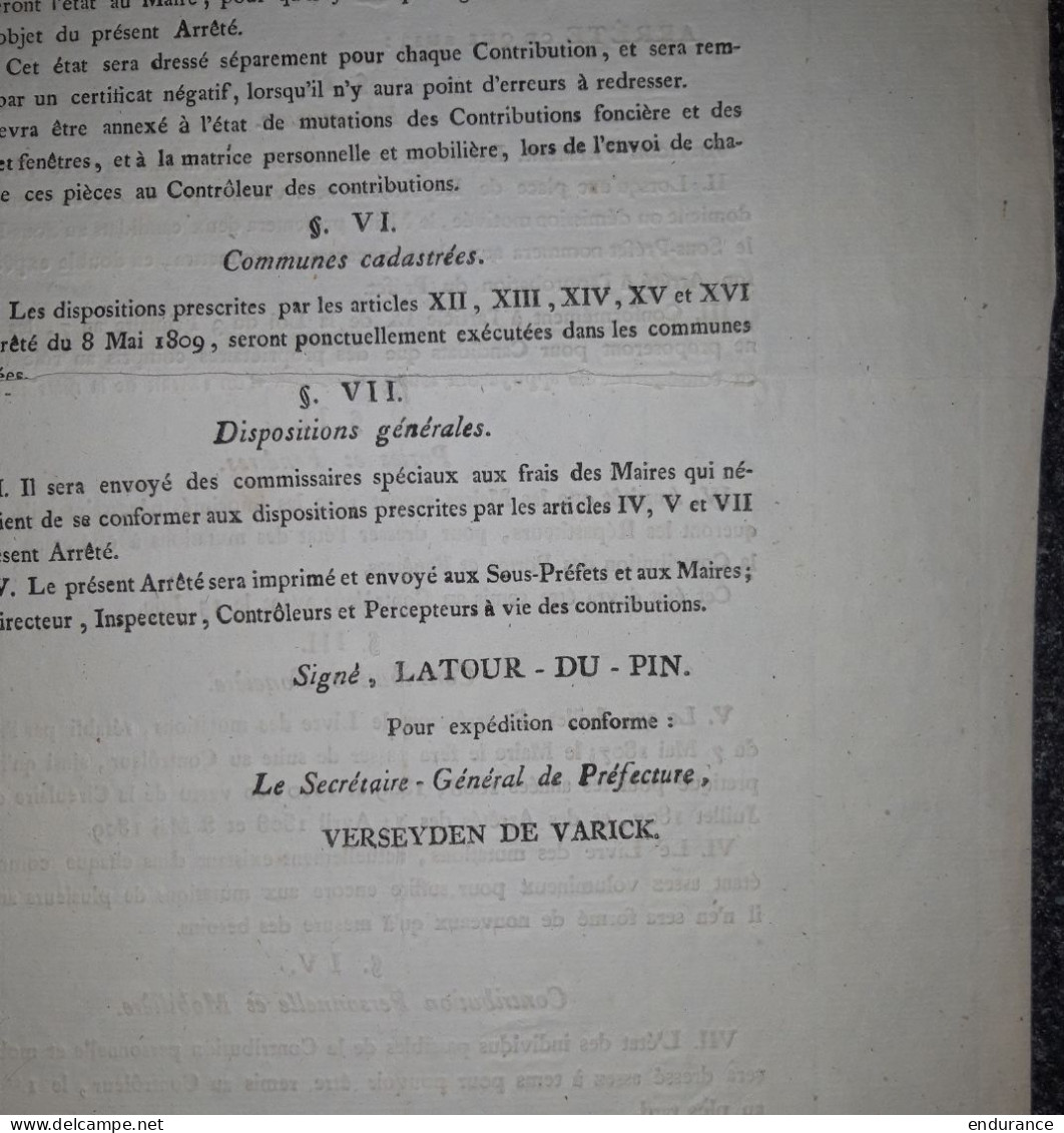 Arrêté De La Préfecture De La Dyle Concernant Les Répartiteurs - Bruxelles, 23 Mai 1810 - Signé LATOUR-DU-PIN - Décrets & Lois