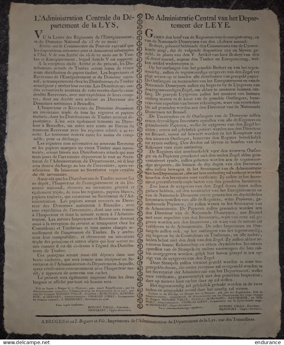 Arrêté De L'Administration Du Département De La Lys Sur Les Recettes Et Les Papiers Timbrés - Brugge, 22 Pluviose An 4 ( - Decrees & Laws