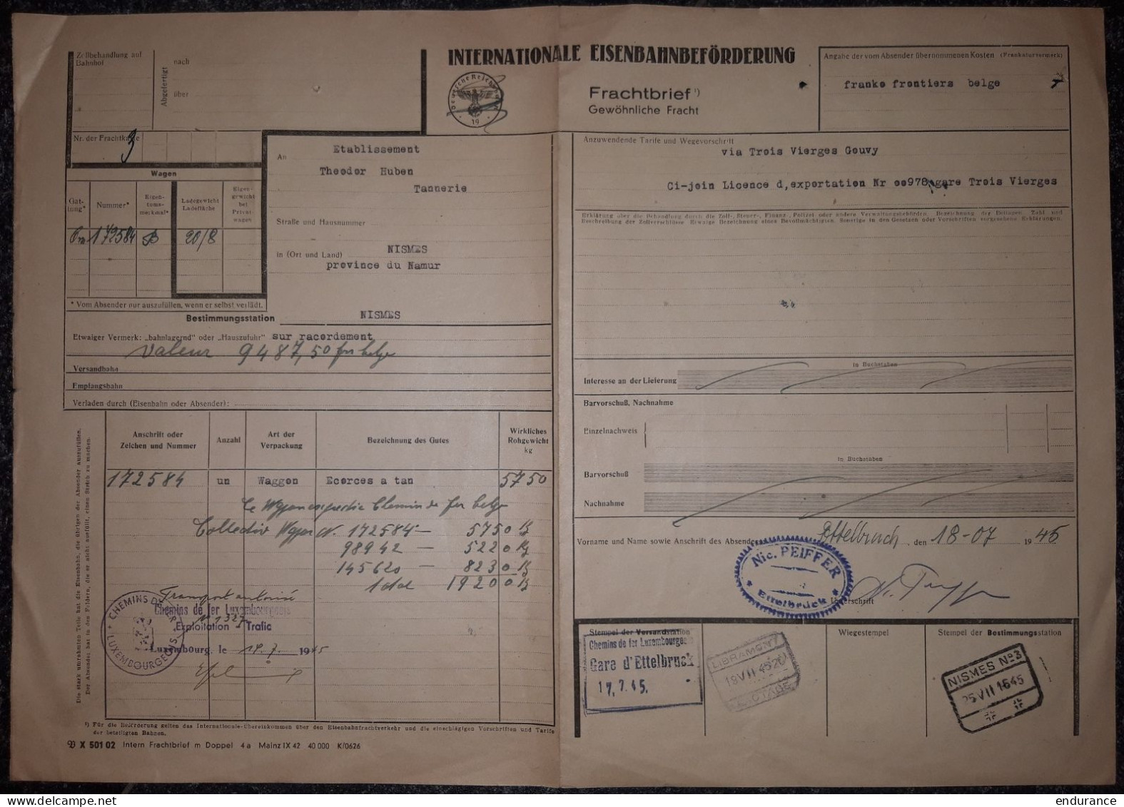 Lettre De Voiture - Chemins De Fer Luxembourgeois - ETTELBRUCK 18 Juillet 1945 De TROIS-VIERGES Pours NISMES - Luxembourg