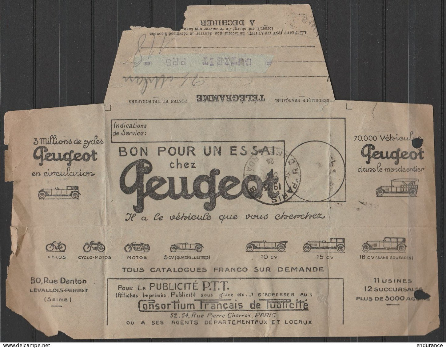 Télégramme Publicité PEUGEOT Càd PARIS (rue D'Amsterdam)/1924 - Telegraphie Und Telefon