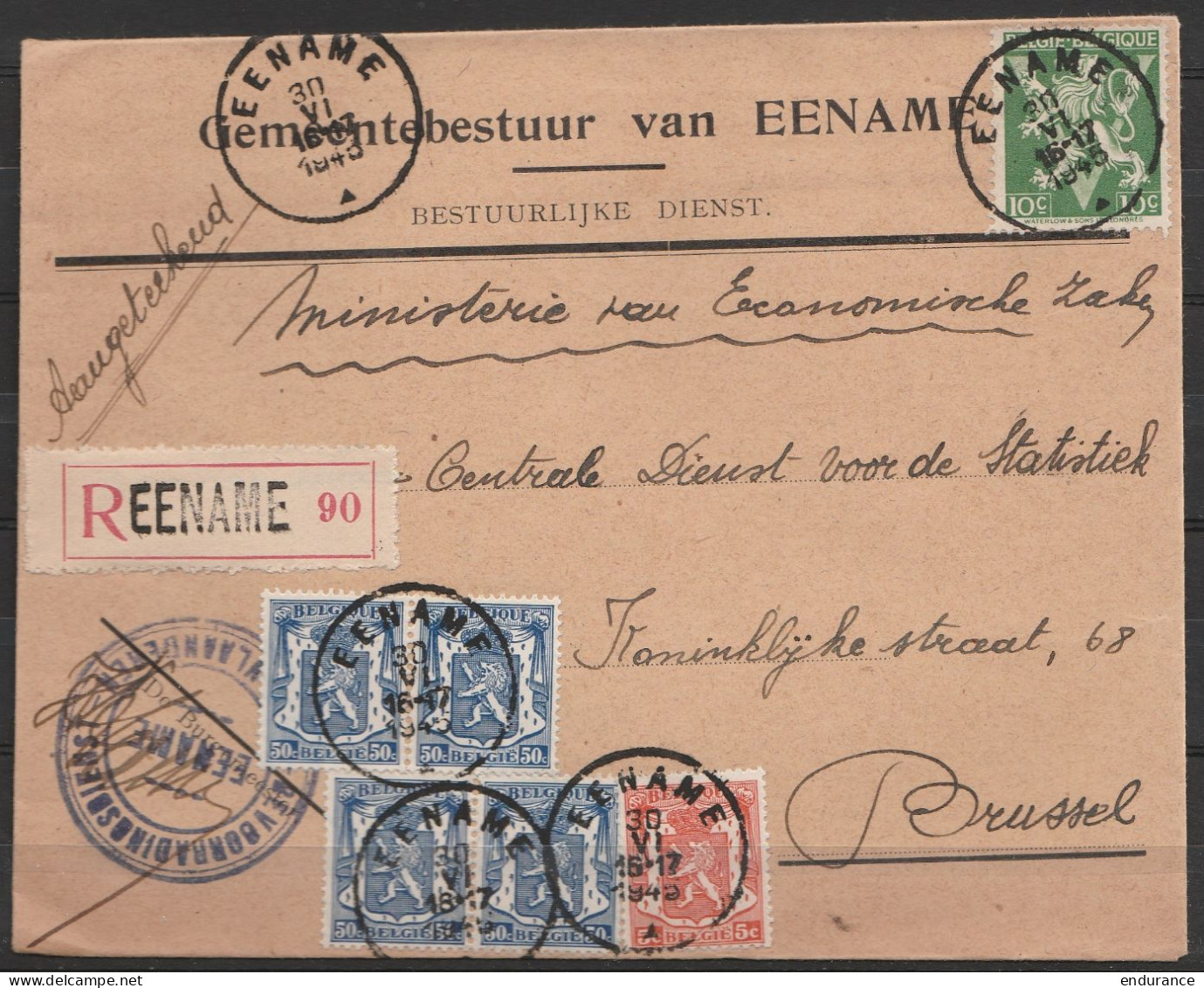 L. Entête Administration Recom. Affr. N°675A+419+426x4 Càd EENAME/30 VI 1945 Pour BRUSSEL - 1935-1949 Kleines Staatssiegel