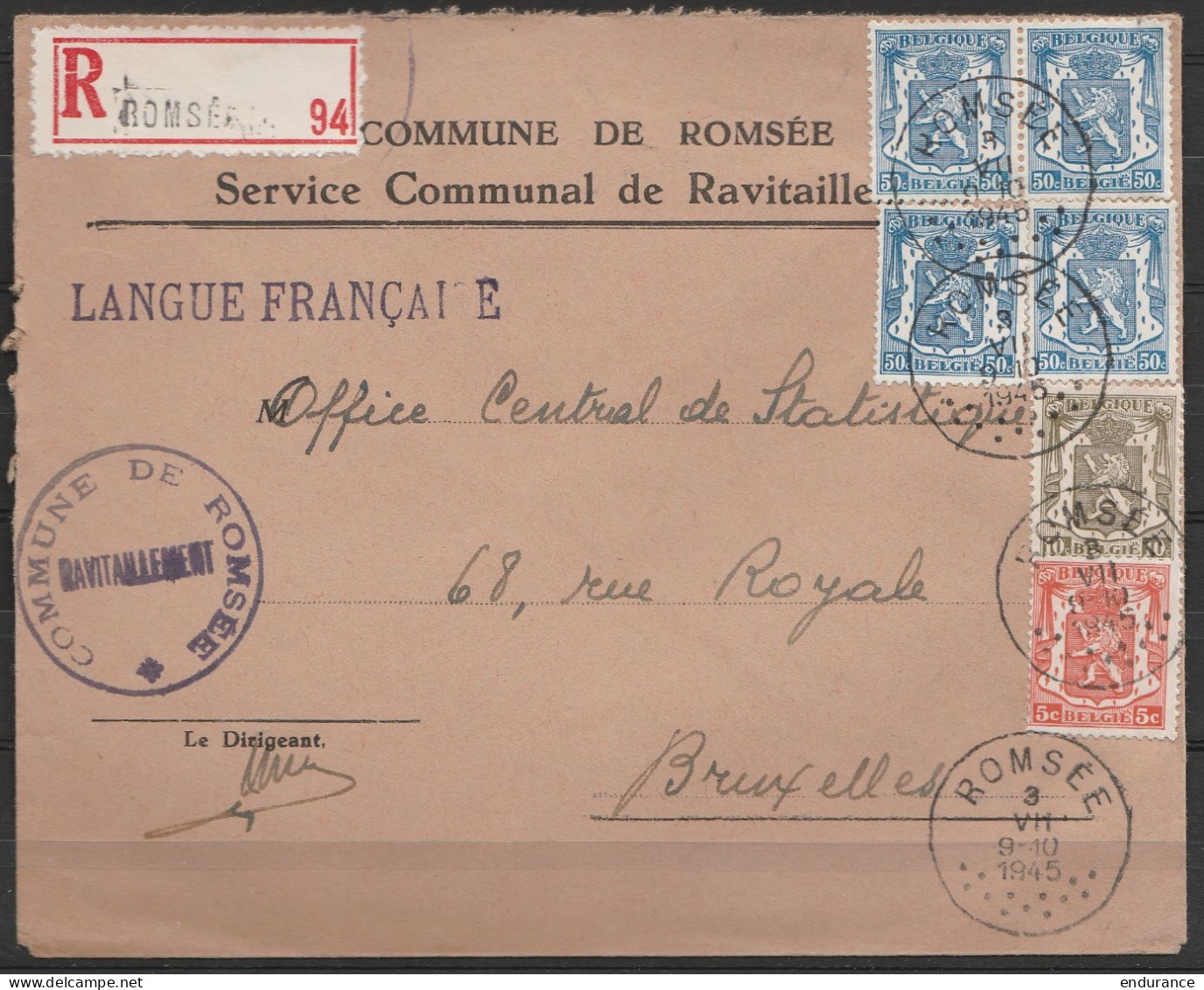 L. Entête Administration De Romsée Recom. Affr. N°419+420+426x4 Càd ROMSEE/3 VII 1945 Pour BRUXELLES - 1935-1949 Piccolo Sigillo Dello Stato