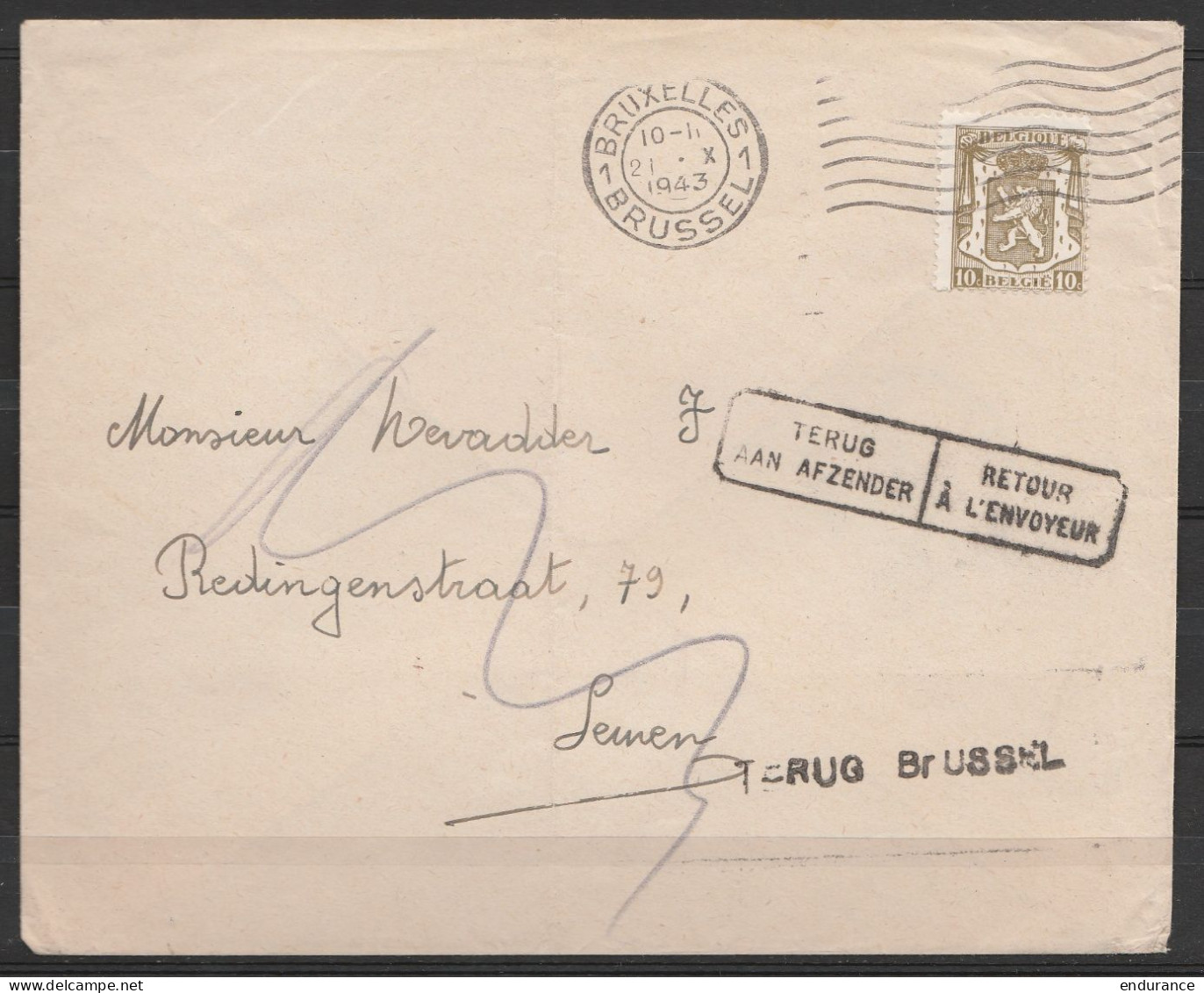 L. Affr. N°420 Flam. BRUXELLES 1/21 X 1943 Pour LEUVEN - Griffe "TERUG BRUSSEL" - [TERUG AAN AFZENDSER/RETOUR A L'ENVOYE - 1935-1949 Small Seal Of The State