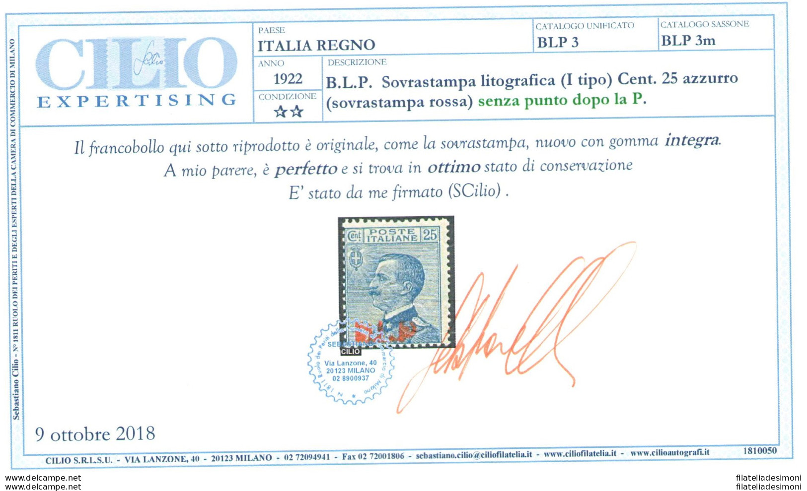 1921 Regno Italia BLP 10 Cent Rosa Senza Punto Dopo "P" N° 3m MNH** Certificato - Timbres Pour Envel. Publicitaires (BLP)