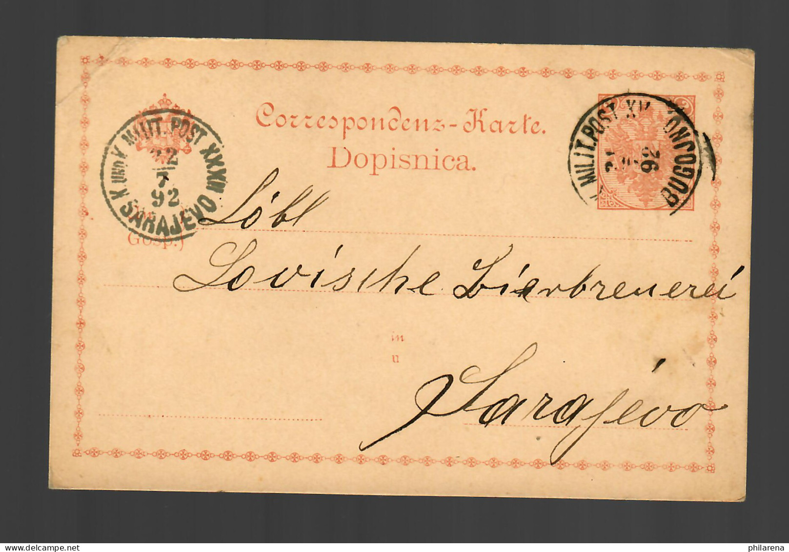 Post Card Militär Post Bugojno 1892 To Sarajevo, Lovische Bierbrauerei - Bosnia Erzegovina