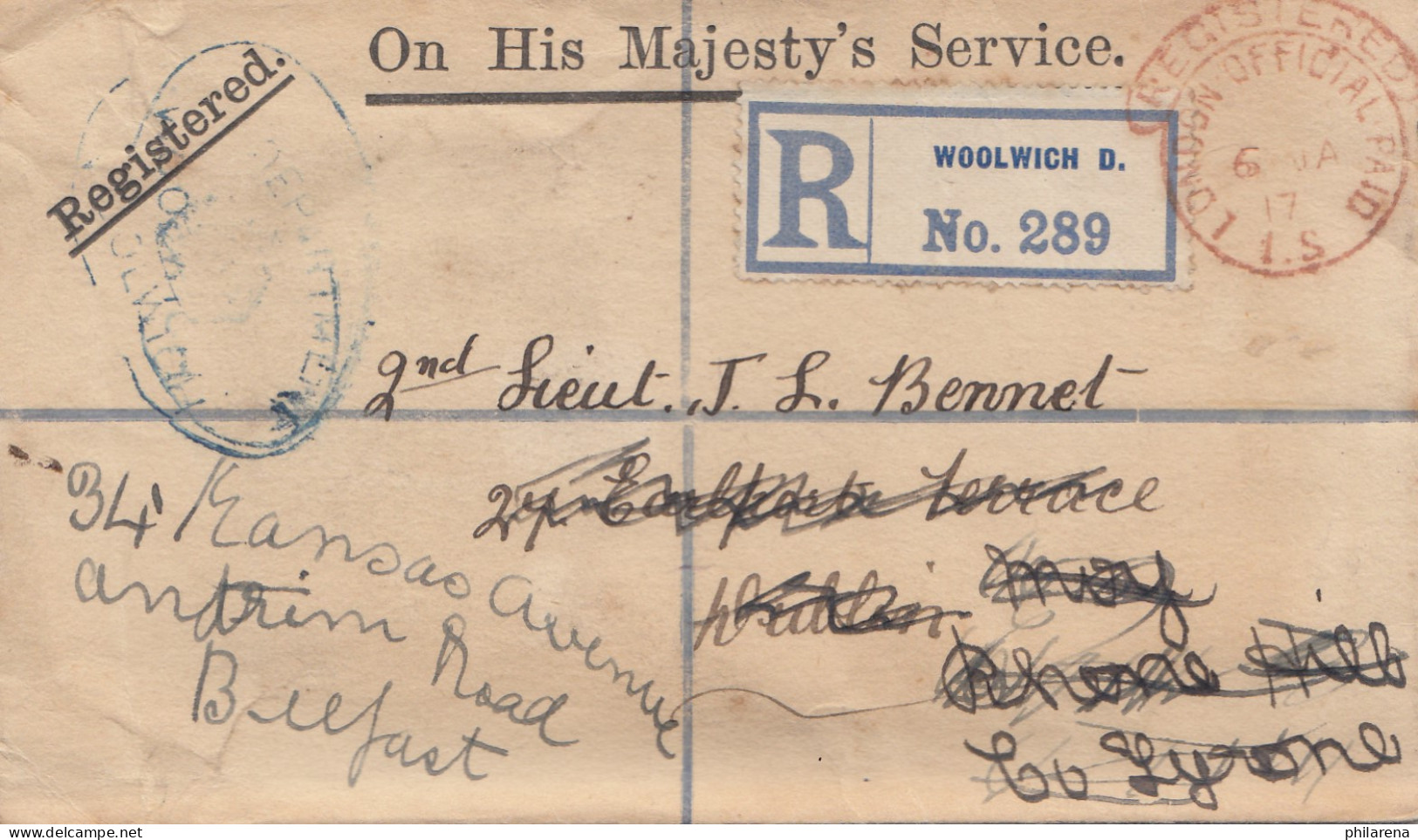 England: 1917: Einschreiben Woolwich Nach Belfast - Guernesey