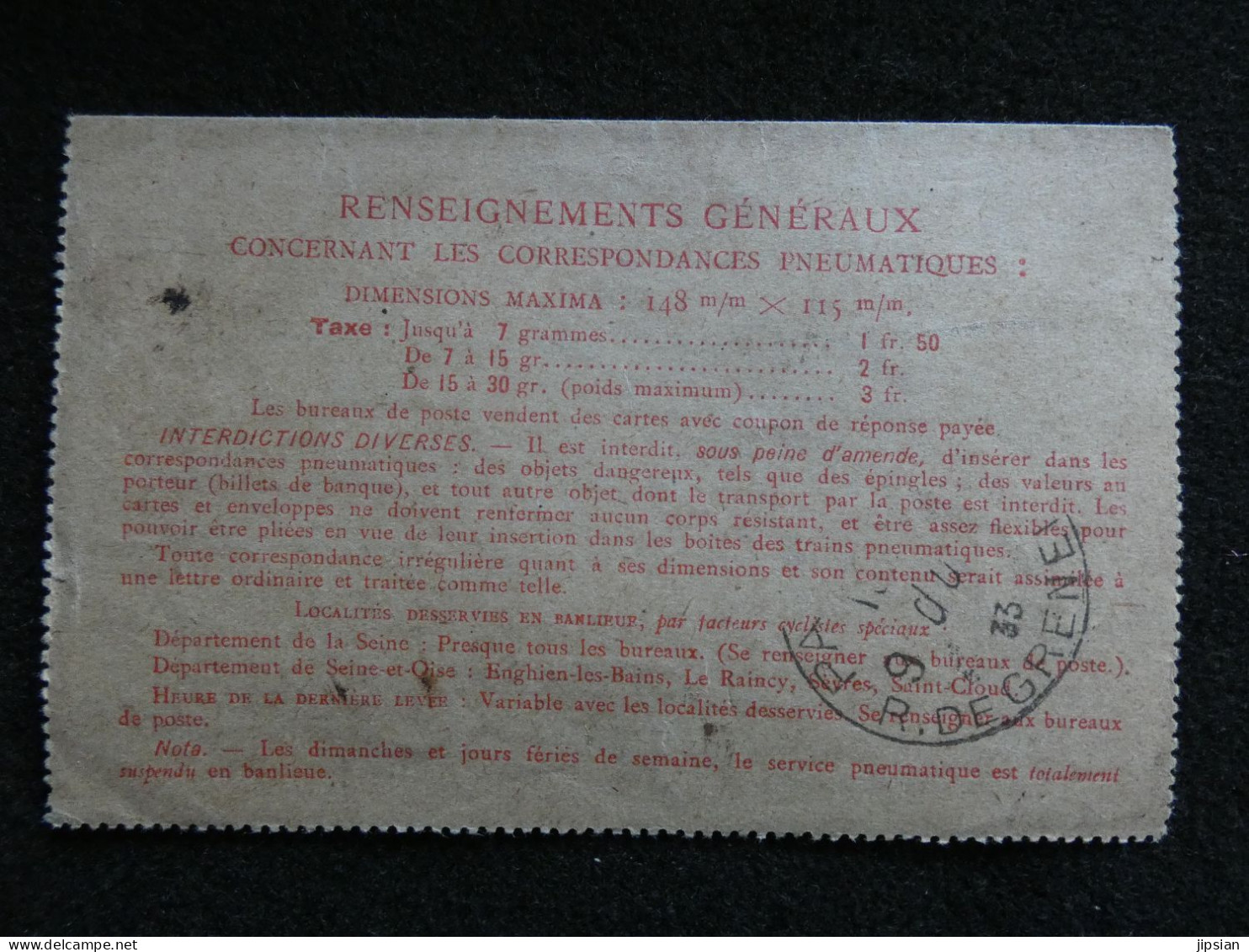 Entier Postal Télégraphe Carte Pneumatique 1933    STEP106 - Pneumatici