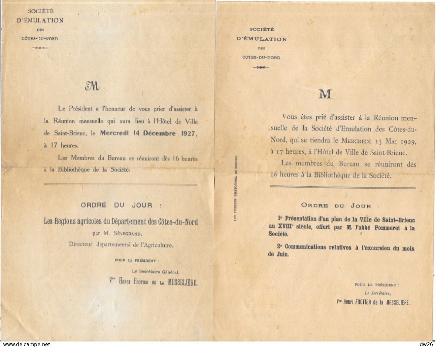 Invitations Aux Membres De La Société D'Emulation Des Côtes Du Nord - Réunion Mensuelle Avec Ordre Du Jour - Mitgliedskarten