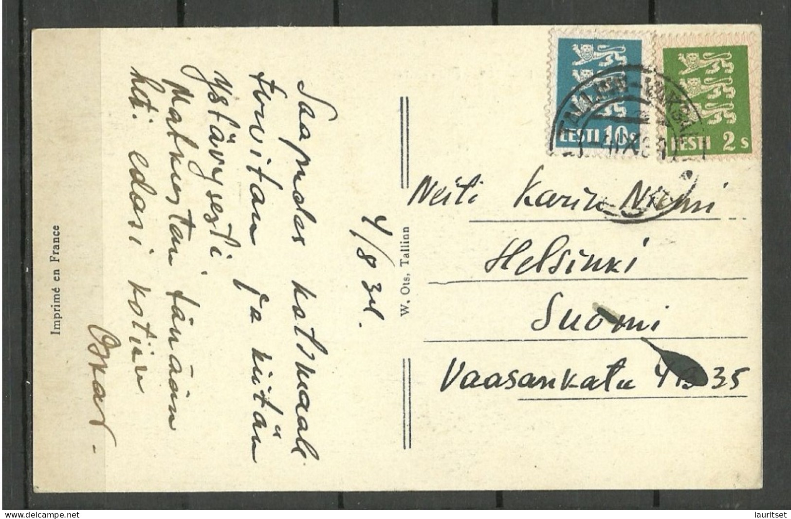 ESTONIA Estland 1934 Tallinn Post Card Sent To Finland - Estonia