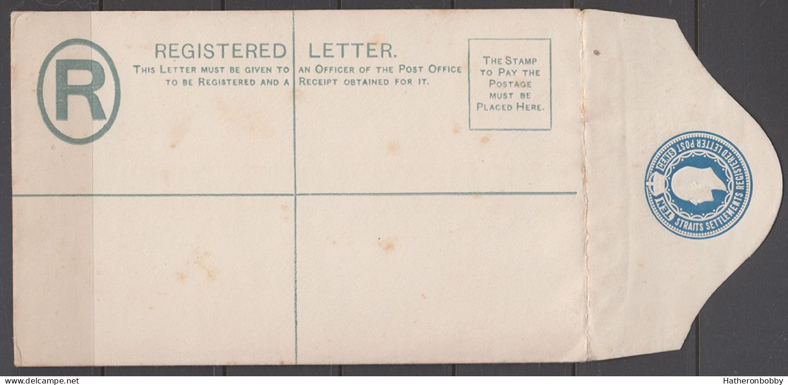 Straits Settlements 1904 KEVII 10c Size G Postal Stationery Registered Envelope Unused - Straits Settlements