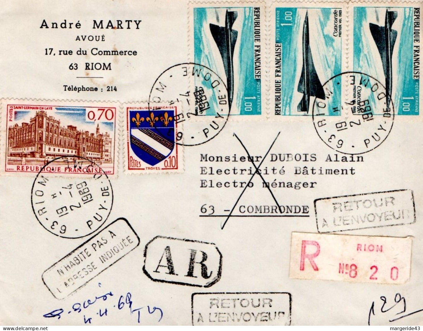AFFRANCHISSEMENT COMPOSE SUR LETTRE RECOMMANDEE AR DE RIOM 1969 - Postal Rates