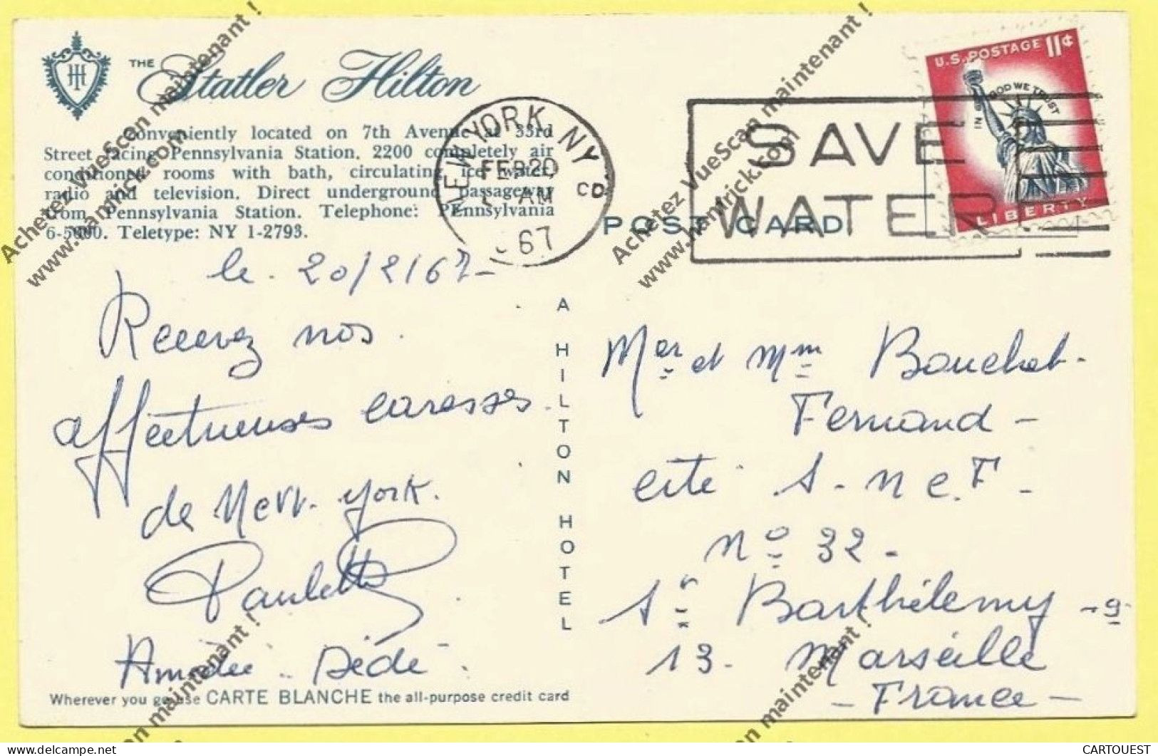 NY  New York City Statler Hilton  1957 ( US Postage 11 Cent LIBERTY Save Water ) - Staten Island