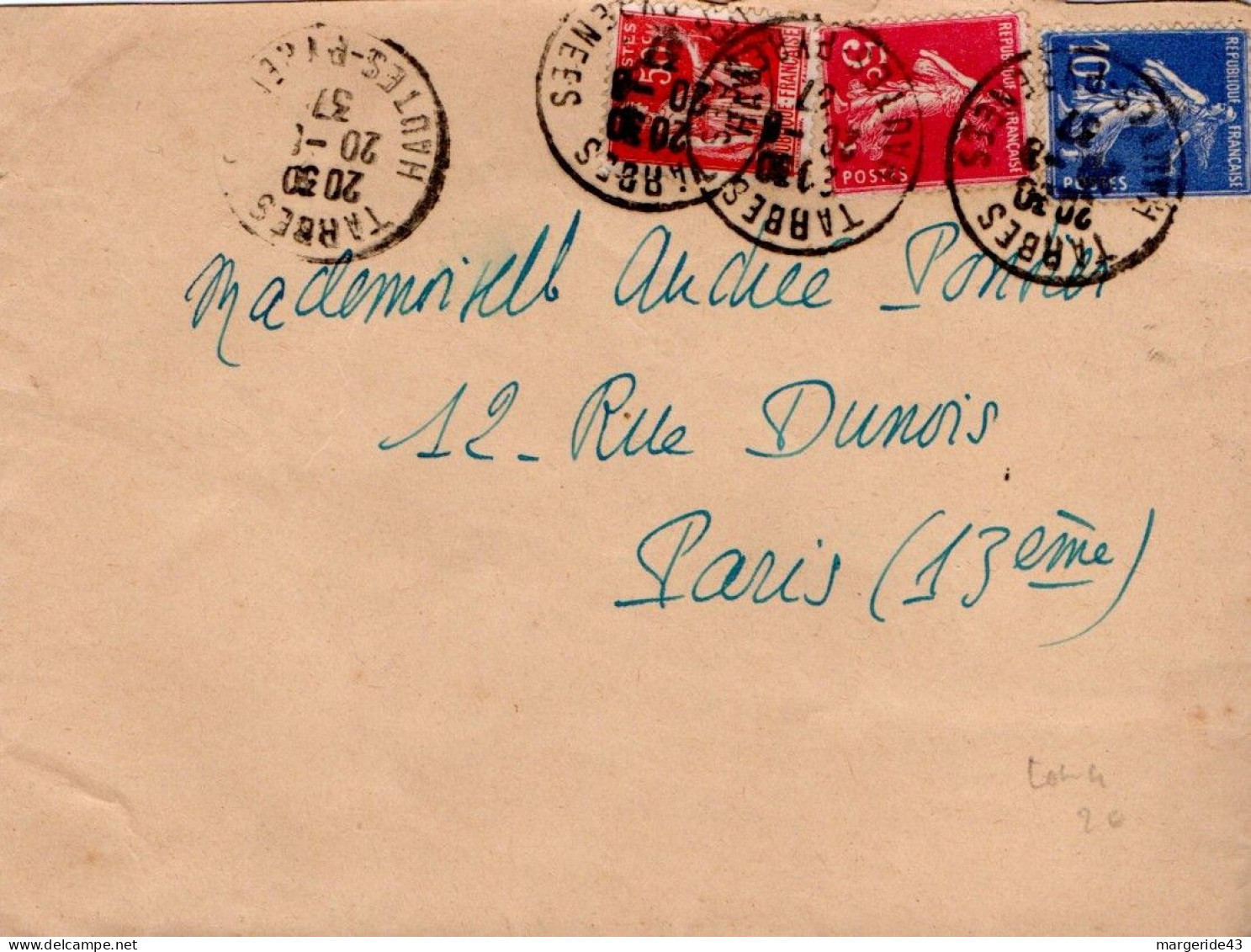 AFFRANCHISSEMENT COMPOSE SUR LETTRE DE TARBES 1937 - Posttarife