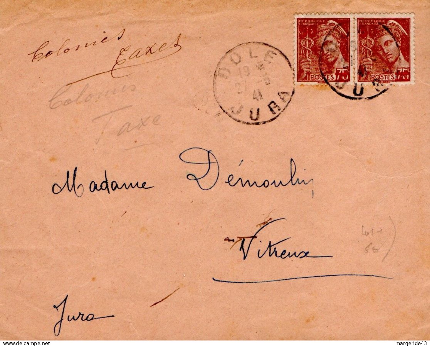 MERCURE AFFRANCHISSEMENT COMPOSE SUR LETTRE DE DOLE JURA 1941 - Postal Rates