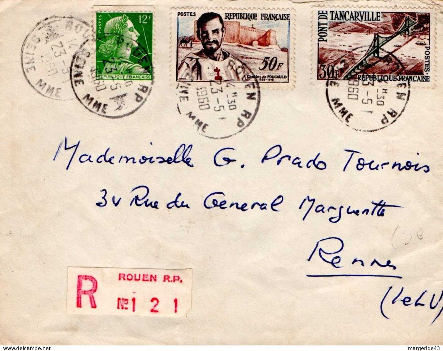 AFFRANCHISSEMENT COMPOSE SUR LETTRE RECOMMANDEE DE ROUEN 1960 - Tarifs Postaux