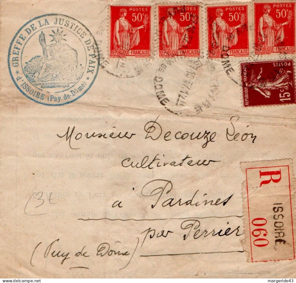 AFFRANCHISSEMENT COMPOSE SUR LETTRE RECOMMANDEE DE ISSOIRE PUY DE DOME 1937 - Posttarieven