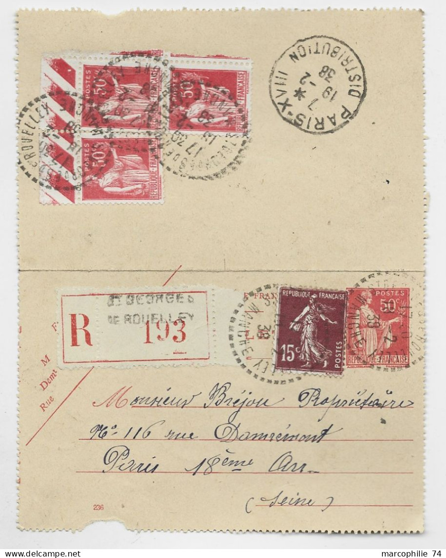 ENTIER PAIX 50C CARTE LETTRE + 15C VERSO 50CX3 REC C. PERLE ST GEORGES DE ROUELLEY 18.2.1938 - 1932-39 Peace