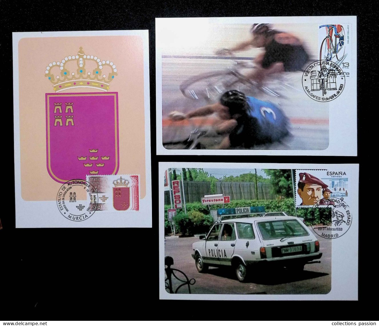 CL, Carte Maximum, Espagne, 1983, Murcia, Madrid, Almusafes, Vuelta Ciclista, Murcia, Policia, LOT DE 3 MAXIMUM - Maximum Cards