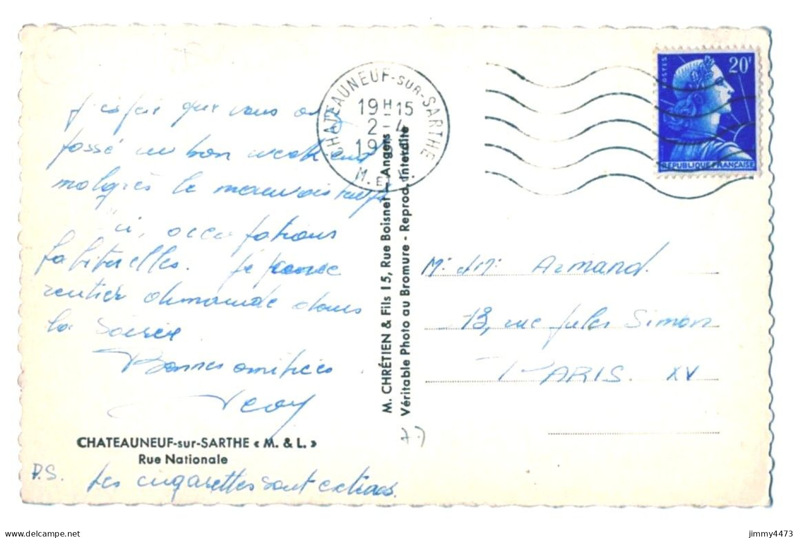 CPSM - CHATEAUNEUF-sur-SARTHE En 1959 (M.&.L.) - Rue Nationale ( Bien Animée ) Edit. M. Chrétien & Fils - Chateauneuf Sur Sarthe