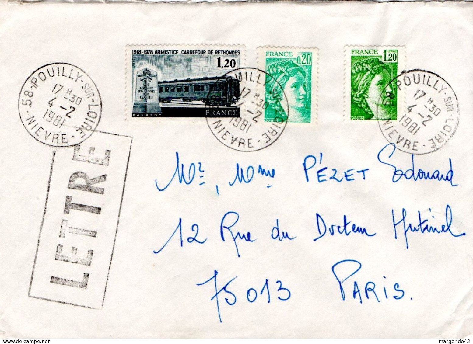 AFFRANCHISSEMENT COMPOSE SUR LETTRE DE POUILLY SUR LOIRE NIEVRE 1981 - Tarifs Postaux