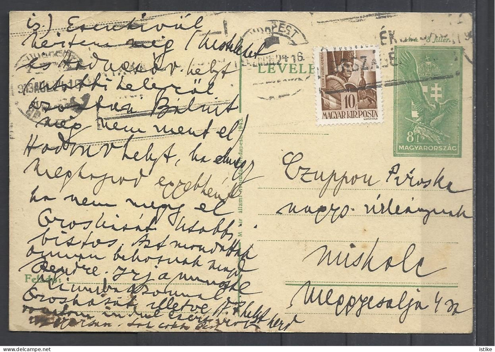 Hungary, St. Card, 8 Fiilér,Additional Stamp, 1943. - Postal Stationery