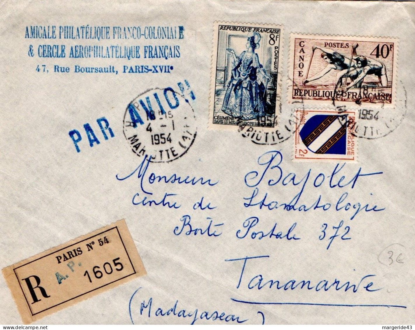 AFFRANCHISSEMENT COMPOSE SUR LETTRE RECOMMANDEE DE PARIS 54 POUR MADAGASCAR 1954 - Postal Rates