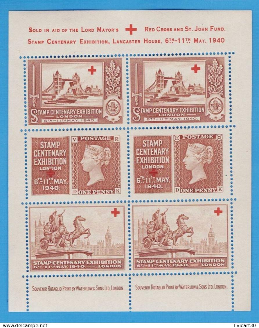 VIGNETTES, CINDERELLAS GRANDE-BRETAGNE - STAMP CENTENARY EXHIBITION LONDON 1940 - RED CROSS - CROIX ROUGE - Blocs-feuillets