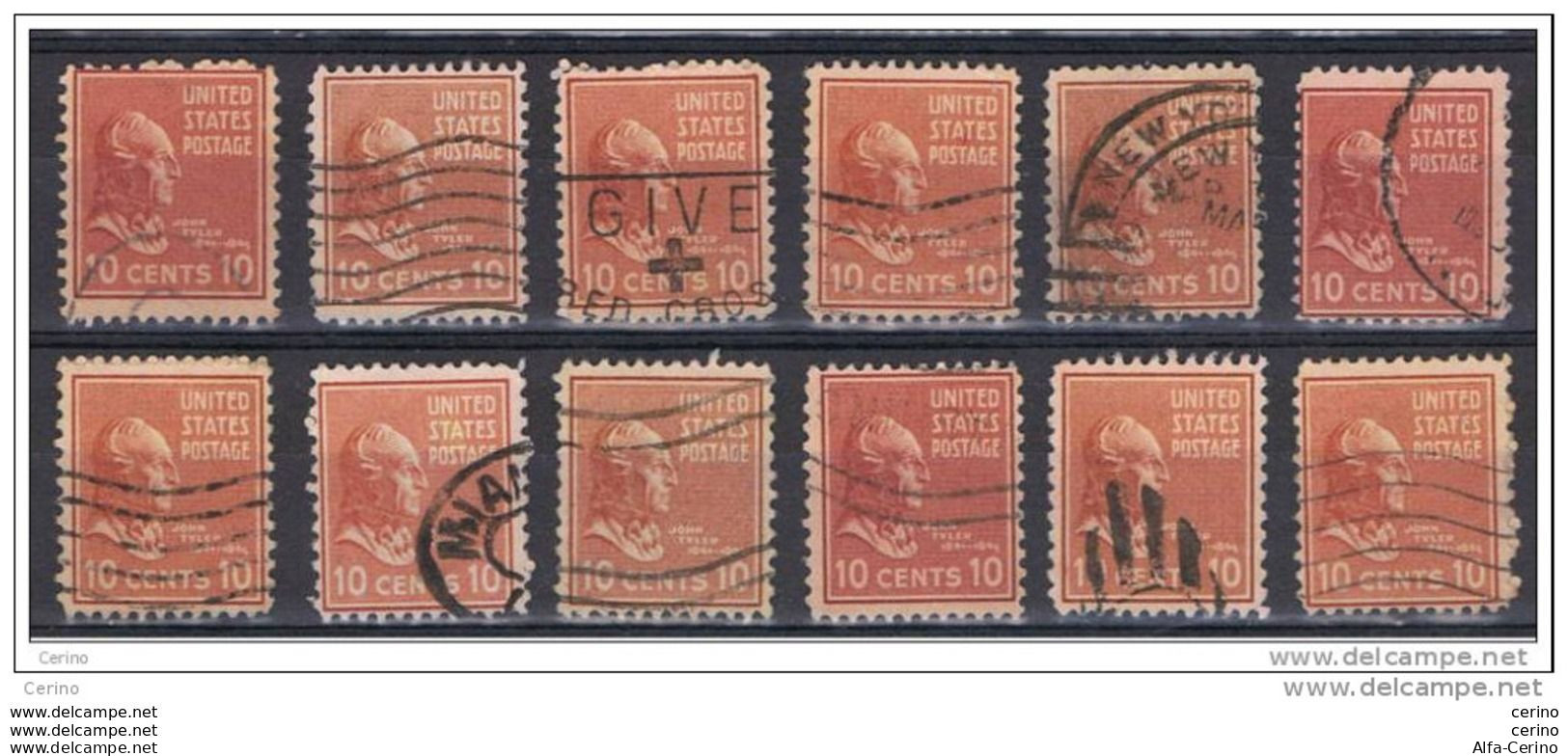 U.S.A.:  1938  J. TYLER  -  10 C. USED  STAMPS  -  REP. 12  EXEMPLARY  -  YV/TELL. 380 - Oblitérés