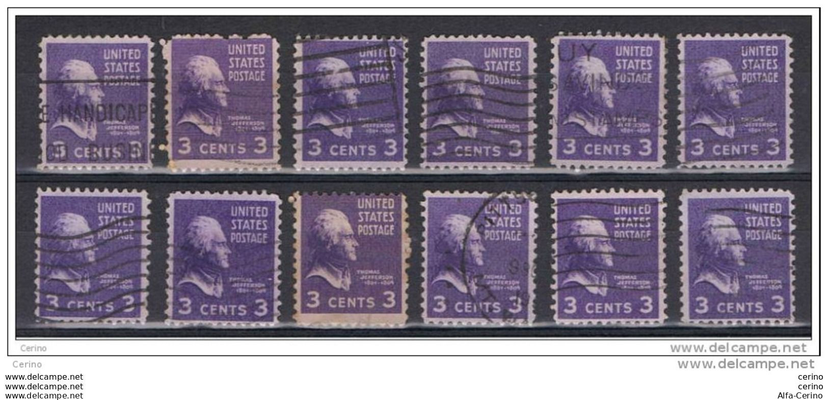 U.S.A.:  1938  T. JEFFERSON  -  3 C. USED  STAMPS -  REP.  12  EXEMPLARY  -  YV/TELL. 372 - Gebruikt