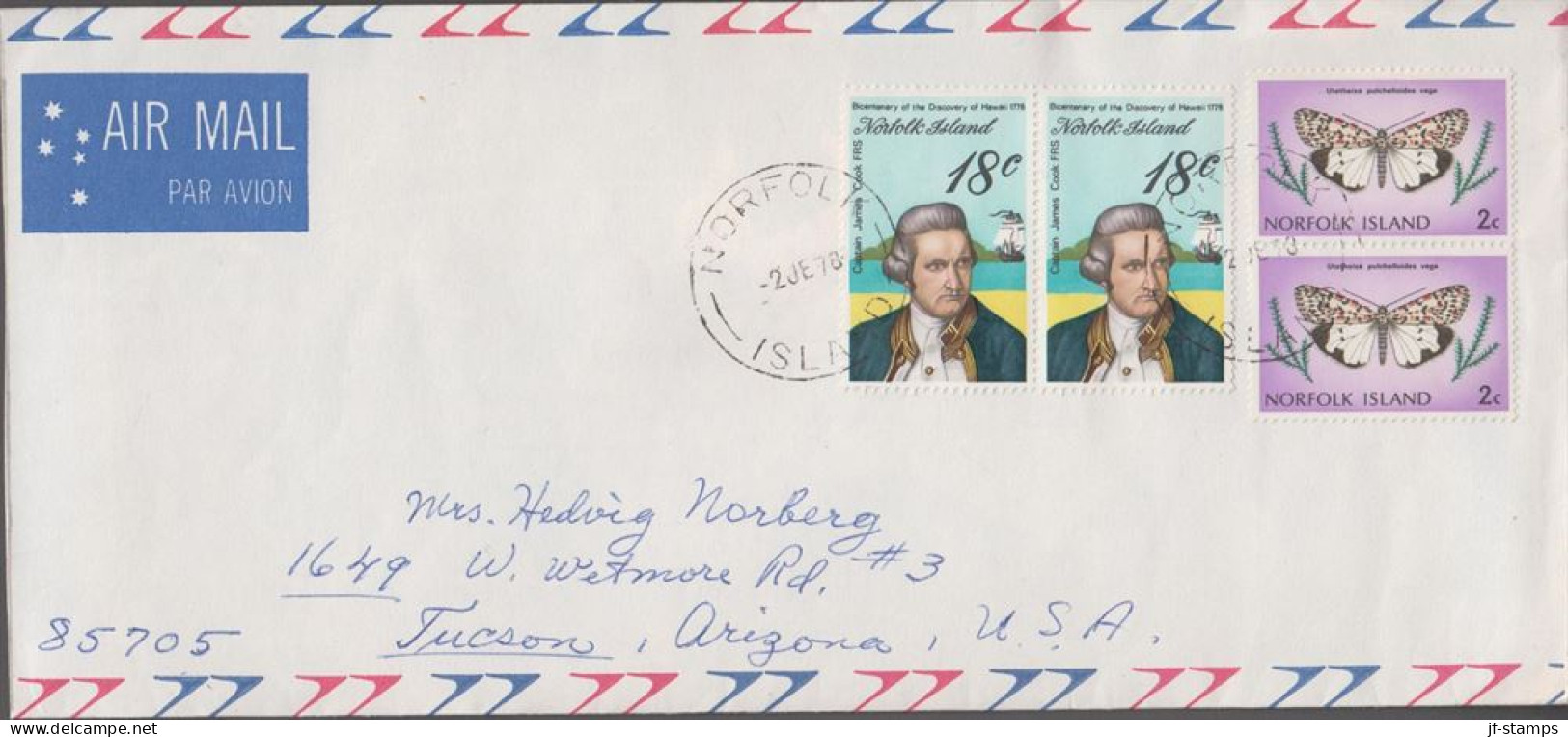 1978. NORFOLK ISLAND. Captain Cook 18 C In Pair + Pair 2 C Butterfly On Cover To USA. (MICHEL 205) - JF543099 - Norfolk Island