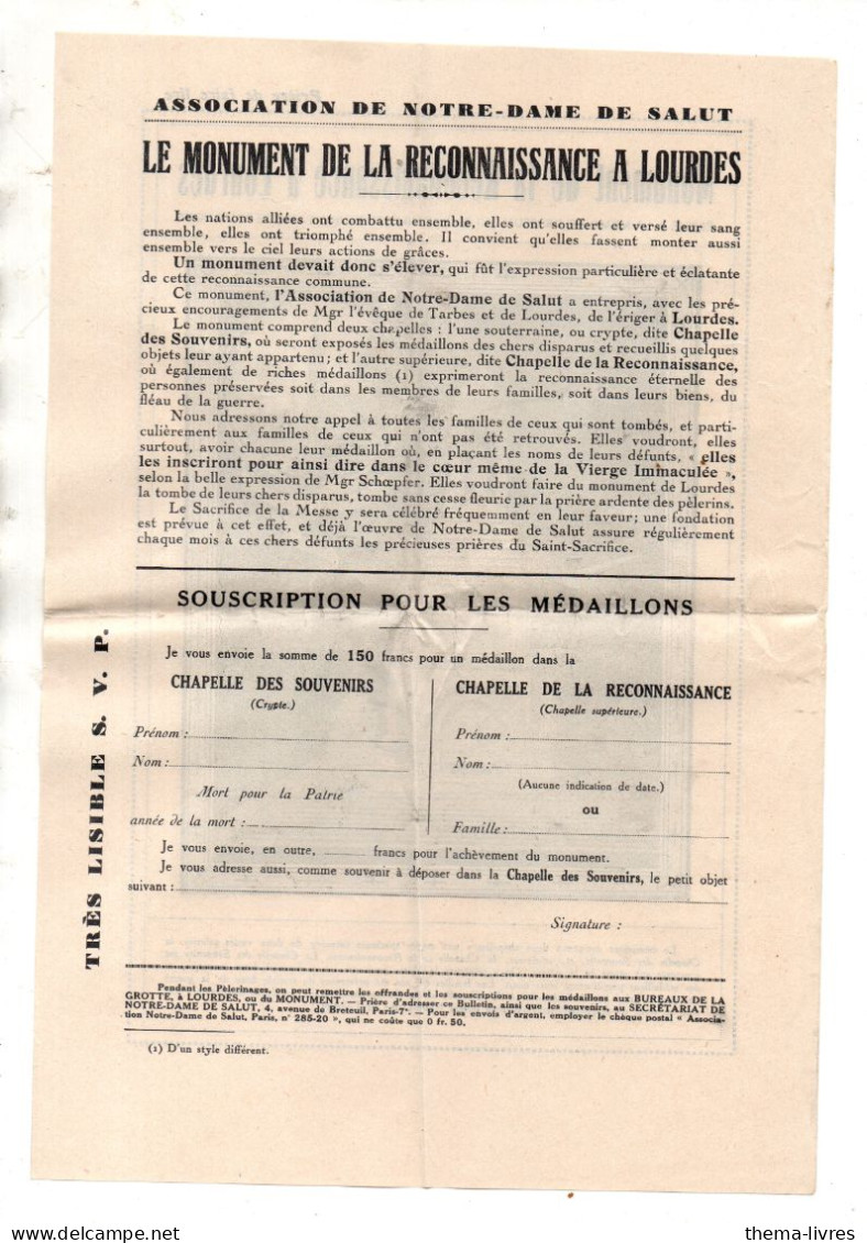 Lourdes (65) Prospectus  MONUMENT DE LA RECONNAISSANCE   (PPP46645) - Pubblicitari