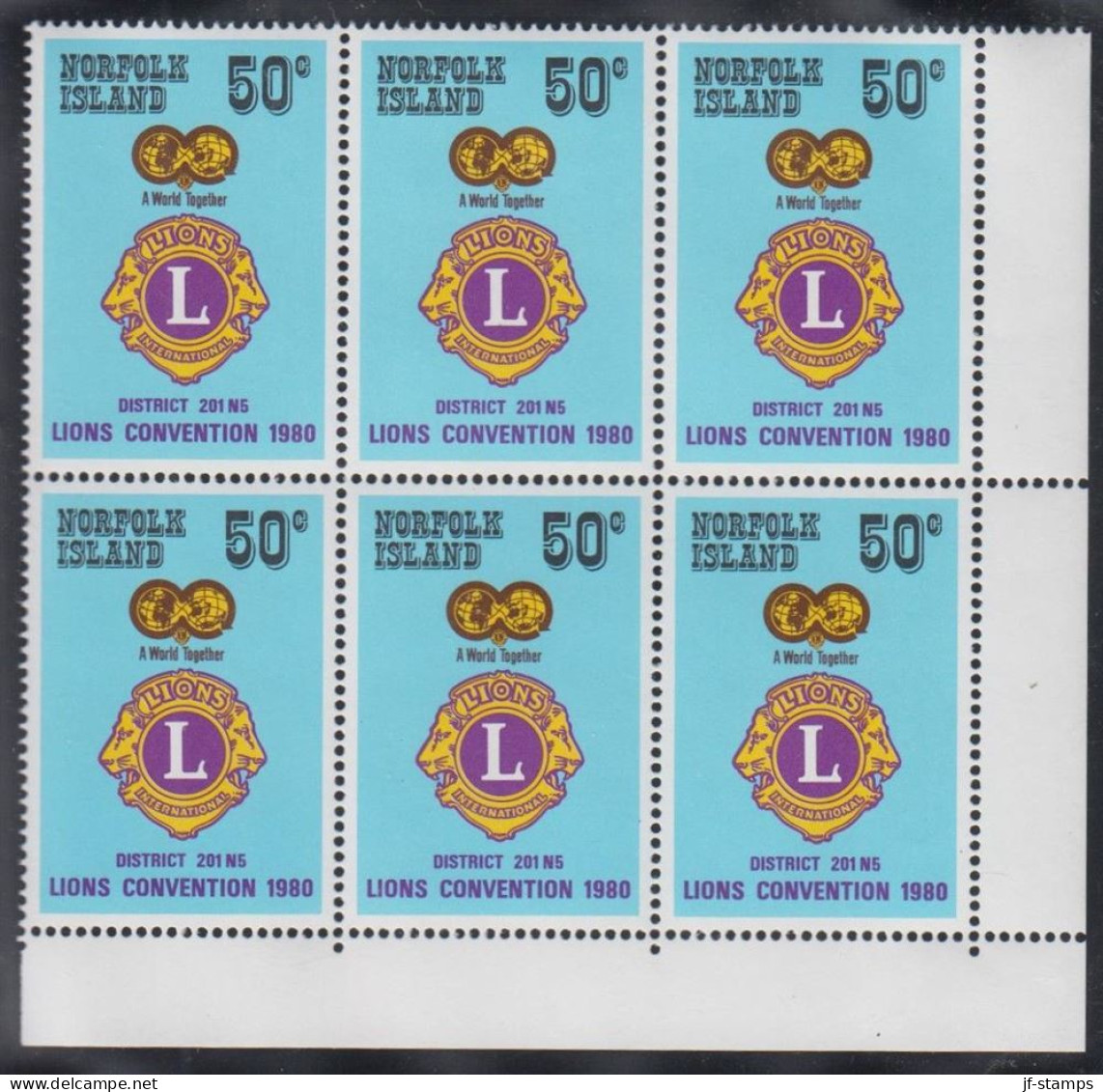 1980. NORFOLK ISLAND. LIONS CLUB In Never Hinged 6-block With Margin. (MICHEL 237) - JF543134 - Isla Norfolk