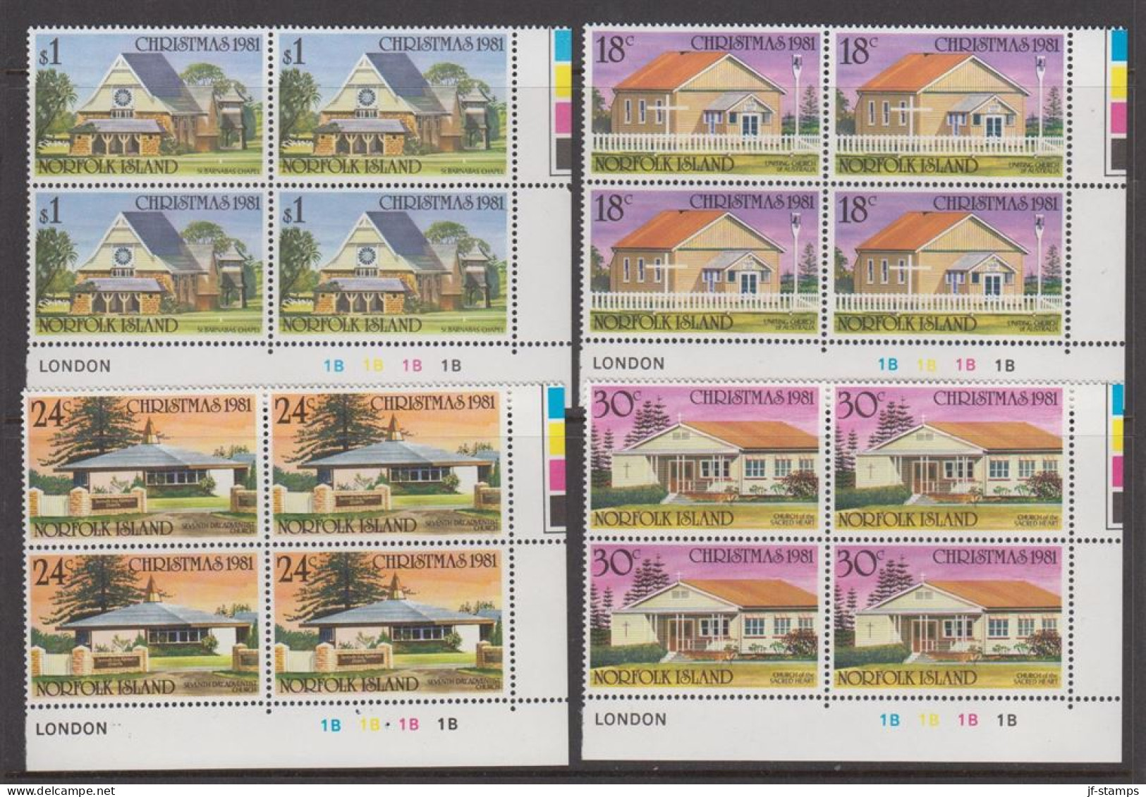 1981. NORFOLK ISLAND. CHRISTMAS Churches COMPLETE SET In Never Hinged 4-blocks With Margi... (MICHEL 267-270) - JF543152 - Isla Norfolk