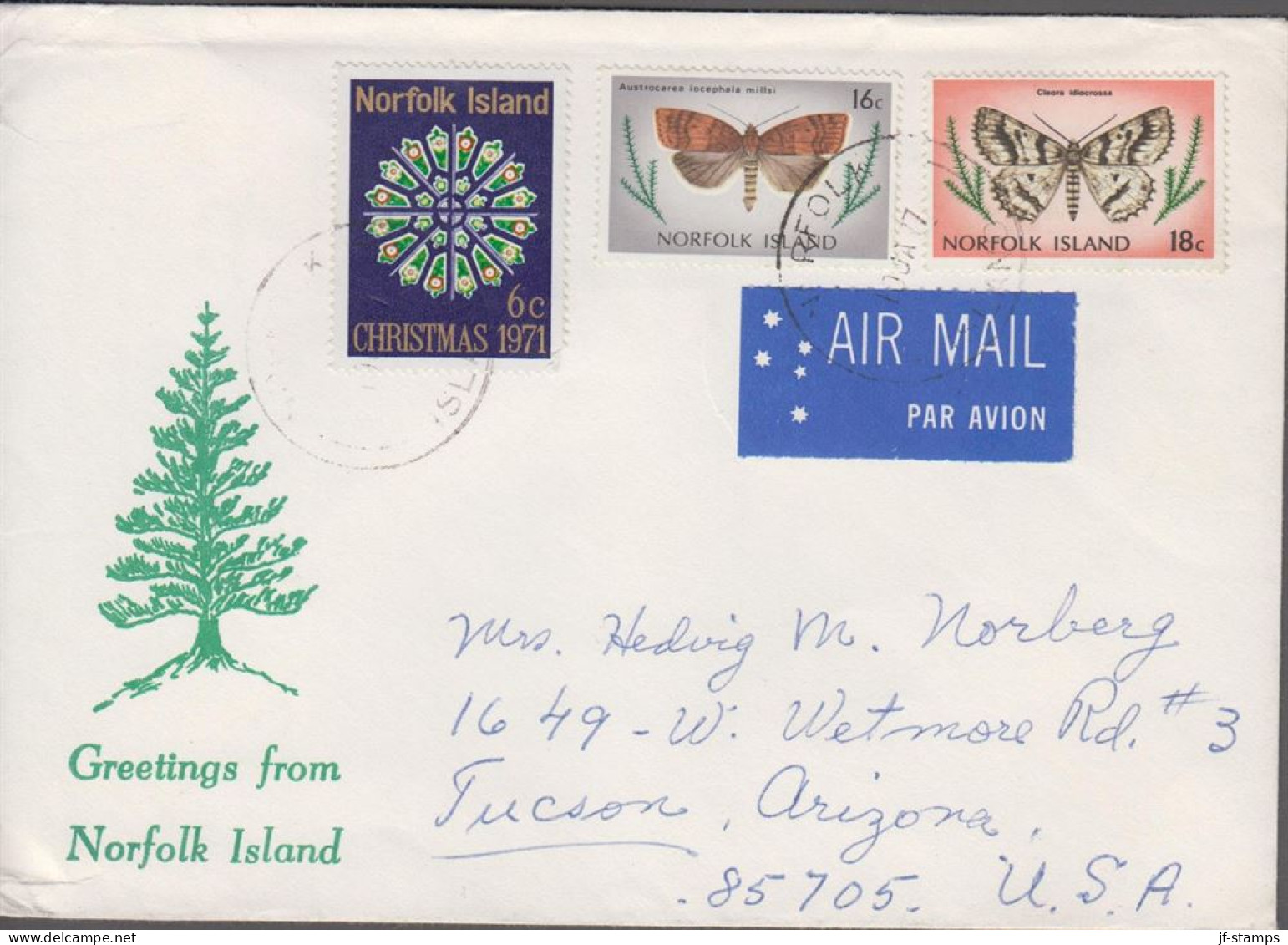 1977. NORFOLK ISLAND. 18 + 16 C Butterfly + 6 C Christmas On Cover To Tucon, Arizona, USA. A... (MICHEL 193+) - JF543160 - Isla Norfolk