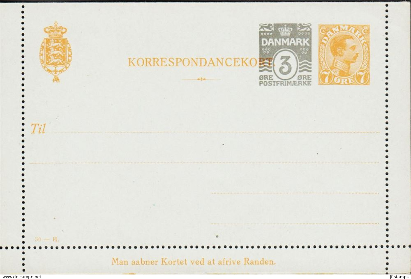 1920. DANMARK. 3 ØRE + 7 ØRE CHR. X KORRESPONDANCEKORT Print 30-H.  - JF543189 - Ganzsachen