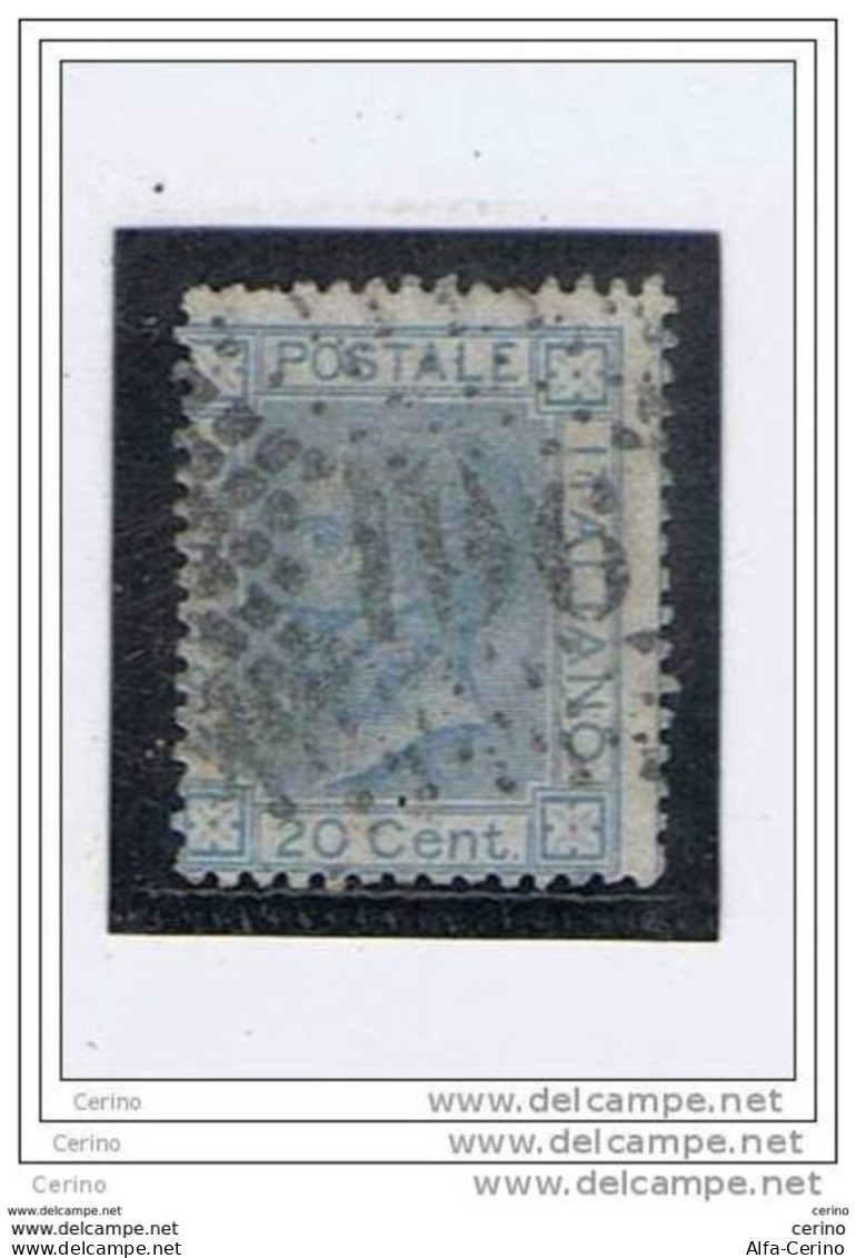 REGNO:  1867  VITTORIO  EMAN. II°  -  20 C. AZZURRO  US. -  SASS. T 26 - Used