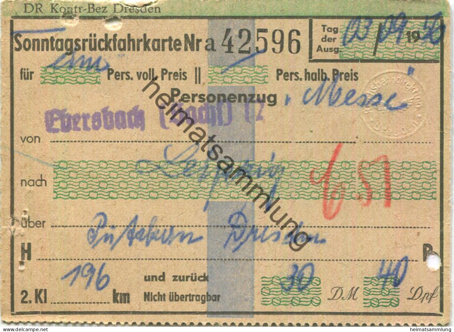 Deutschland - Sonntagsrückfahrkarte Ebersbach Leipzig Messe über Putzkau Dresden - Fahrkarte 2. Klasse 1956 - Europa