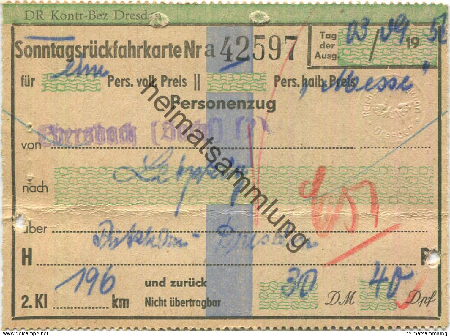 Deutschland - Sonntagsrückfahrkarte Ebersbach Leipzig Messe über Putzkau Dresden - Fahrkarte 2. Klasse 1957 - Europa