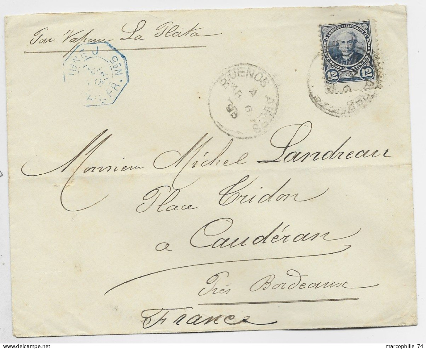 ARGENTINA 12C SOLO LETTRE COVER BUENOS AYRES 1893 TO FRANCE PAR VAPEUR LA PLATA - Cartas & Documentos